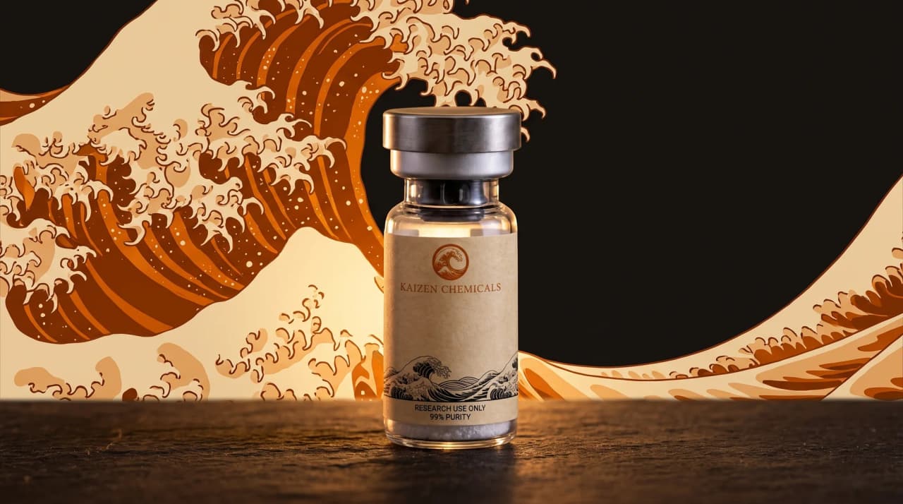 A sealed research vial with a kraft-paper Kaizen Chemicals label, standing on dark stone in front of a burnt-orange woodblock Great Wave on a cream ground